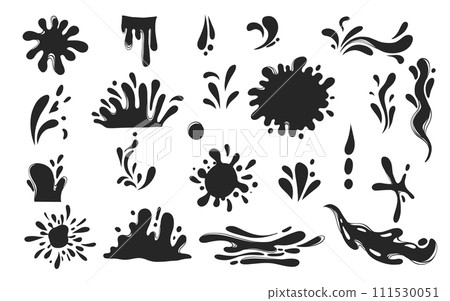 Black water splashes. Abstract wet splatter drops for tattoo design, river wave ripple stain splash simple marine environment doodle. Vector isolated set. Different dirt or ink shape 111530051