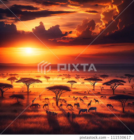 草原上的日落－一場延伸至地平線的色彩盛宴 111530617