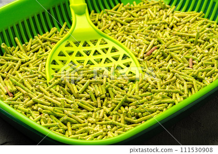 Pet litter tray with wooden filler on gray background Pet litter tray with wooden filler on gray background 111530908
