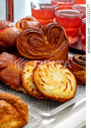 Cafeteria tray with homemade buns close up 111531177