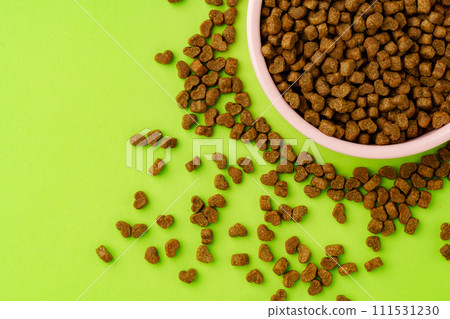 Pet bowl with dry food on green background studio shot 111531230