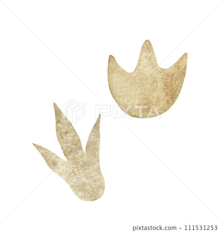Set of watercolor illustrations with stylized cartoon dinosaur footprints on the ground Set of watercolor illustrations with stylized cartoon dinosaur footprints on the ground 111531253