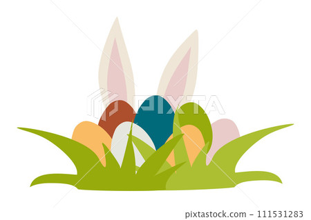 Easter background with Eggs and Rabbi in grass. Egg Hunt Vector Flat illustration isolated on White. Holiday Design Element For Greeting Card, Postcard, Banner, Decoration. Colorful Celebrate Template 111531283