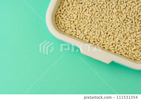 Pet litter box with bio filler on green background Pet litter box with bio filler on green background 111531354