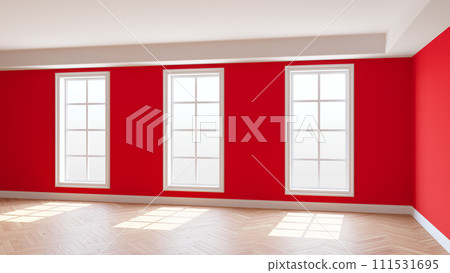 Red Empty Room with Three Large Windows, Light Glossy Herringbone Parquet Floor and a white Plinth. Beautiful Concept of the Empty Interior. 3D Rendering, Ultra HD 8K, 7680x4320, 300 dpi 111531695