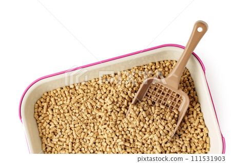 Wooden pet litter filler with scoop isolated on white background 111531903