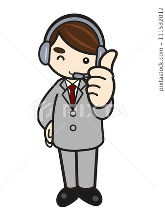 Illustration of a young male operator in a suit wearing a headset in a good pose 111532012