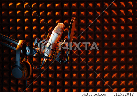 Professional studio microphone against acoustic foam panel background in neon light Professional studio microphone against acoustic foam panel background in neon light 111532018