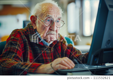 AI-generated content. Lifetime learning concept - senior male at the computer class, learning to use internet and modern technology 111532621