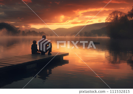 AI-generated content. Seniors concept - grandfather teaches grandson to fish AI-generated content. Seniors concept - grandfather teaches grandson to fish 111532815