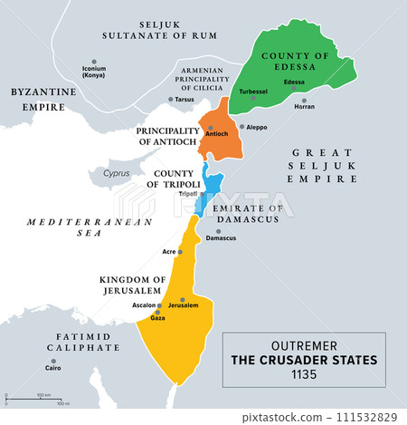 Outremer, the Crusader states at about 1135, gray history map. Latin Catholic realms, created after the First Crusade. Kingdom of Jerusalem, County of Edessa and Tripoli, and Principality of Antioch. 111532829