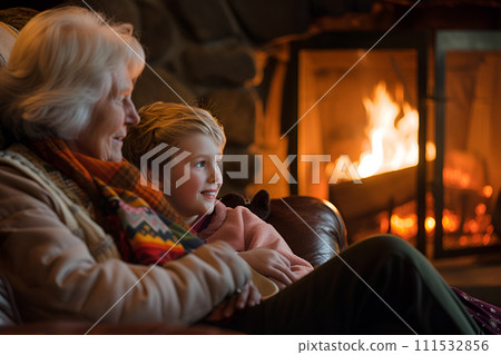 AI-generated content. Seniors concept - grandmother sits with granddaughter by the fire 111532856