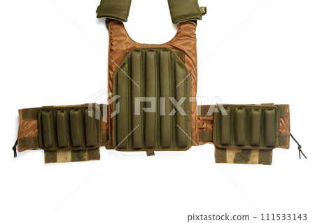 Camouflage bulletproof vest isolated on white background Camouflage bulletproof vest isolated on white background 111533143