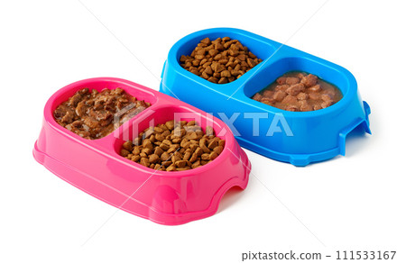 Plastic pet bowls with food isolated on white background 111533167