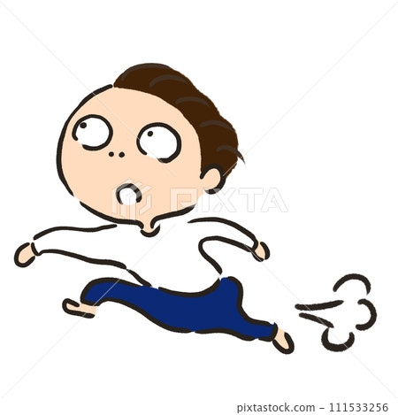 一個人一邊跑步一邊往上看,藍色褲子上有破折號 一個人一邊跑步一邊往上看,藍色褲子上有破折號 111533256