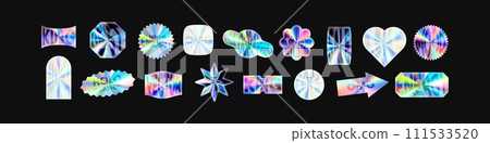 Y2K holographic sticker set hearts with chrome effect. Abstract shapes in hologram style. Flat vector illustration isolated on white background. Y2K holographic sticker set hearts with chrome effect. Abstract shapes in hologram style. Flat vector illustration isolated on white background. 111533520