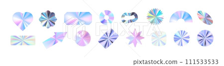 Metallic gradient blending silver, , and pink hues in hologram texture. Flat vector illustration isolated on white background. 111533533