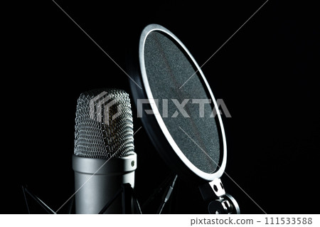 Professional microphone against black background in studio 111533588