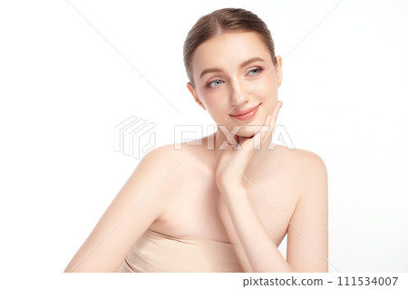 Beautiful young woman with clean fresh skin on white background, Face care, Facial treatment, Cosmetology, beauty and spa, women portrait. 111534007