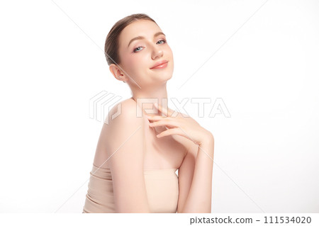 Beautiful young woman with clean fresh skin on white background, Face care, Facial treatment, Cosmetology, beauty and spa, women portrait. 111534020