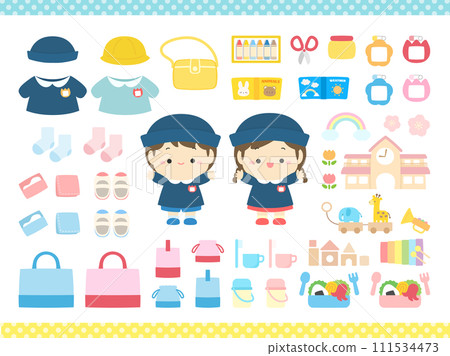 可愛的幼兒園小朋友和幼兒園用品插畫 111534473