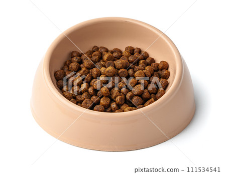 Bowl with dry pet food isolated on white background Bowl with dry pet food isolated on white background 111534541