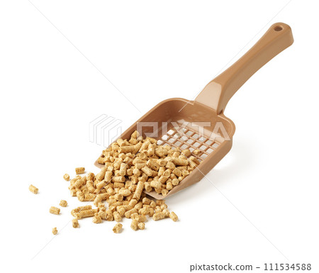 Wooden pet litter filler with scoop isolated on white background 111534588