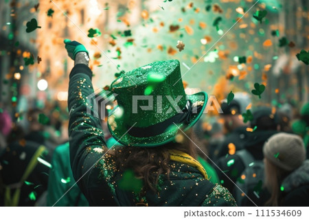 AI generated Man in green Leprechaun hat celebrating St. Patrick's Day outdoors with shamrock and clover leaves. 111534609