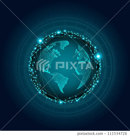 Wireframe globe with circular interface elements. International data exchange and internet. Global connectivity and digital globalization. 111534728