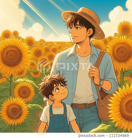 仲夏時節，家長和孩子在向日葵田裡玩耍 111534869