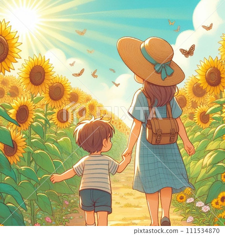 A child and mother playing in a sunflower field in midsummer 111534870