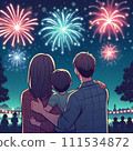 夏日的夜空，家人觀賞美麗的煙火 111534872