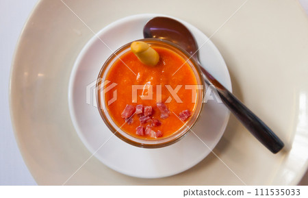 Cold spanish salmoreho soup with ham 111535033
