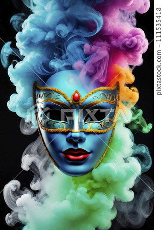 Venetian carnival mask in colored smoke as if by magic. Venetian carnival mask in colored smoke as if by magic. 111535418