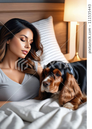 Beautiful happy women and Cute English cocker spaniel dog on a bed. Beautiful happy women and Cute English cocker spaniel dog on a bed. 111535443