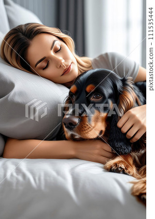 Beautiful happy women and Cute English cocker spaniel dog on a bed. 111535444