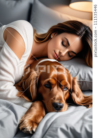 Beautiful happy women and Cute English cocker spaniel dog on a bed. 111535446