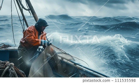 一名男子划船在波濤洶湧的大海中捕魚的 AI 圖像 111535598