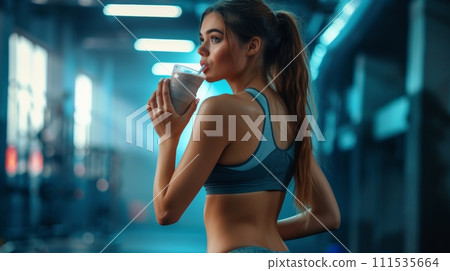 athletic woman, with defined muscles wearing sportswear, drinking a protein shake 111535664