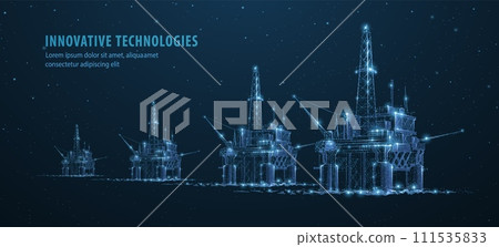 Oil rigs. Abstract 3d floating rig platforms isolated on blue. gas platform, offshore drilling, refinery plant, petroleum industry Oil rigs. Abstract 3d floating rig platforms isolated on blue. gas platform, offshore drilling, refinery plant, petroleum industry 111535833