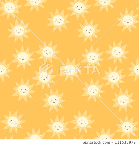 Cute sunny print, smiling suns seamless pattern on yellow background. Vector design for kids 111535972