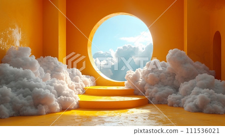 3d render, abstract sunny yellow background with white clouds and blue round hole. Simple geometric showcase scene with empty podium for product presentation 111536021