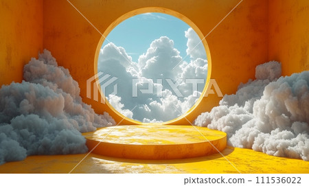 3d render, abstract sunny yellow background with white clouds and blue round hole. Simple geometric showcase scene with empty podium for product presentation 3d render, abstract sunny yellow background with white clouds and blue round hole. Simple geometric showcase scene with empty podium for product presentation 111536022
