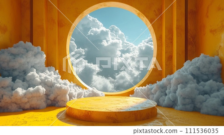 3d render, abstract sunny yellow background with white clouds and blue round hole. Simple geometric showcase scene with empty podium for product presentation 111536035