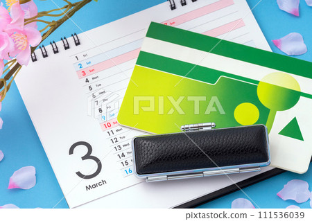 March calendar, seal, passbook March calendar, seal, passbook 111536039