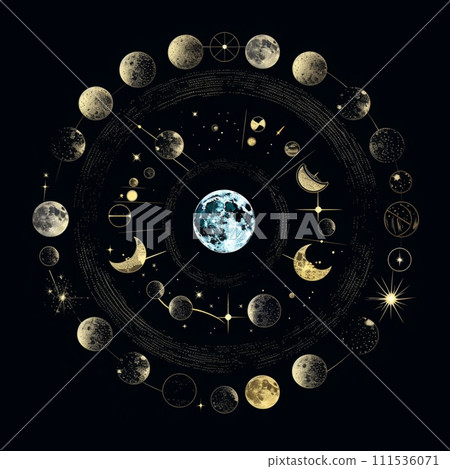Many different types of moon on a black... - Stock Illustration ...