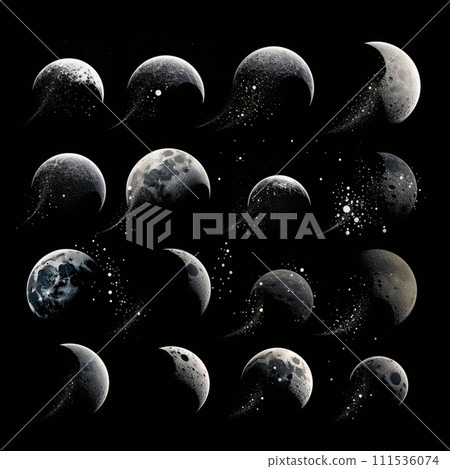 Many different types of moon on a black background. The style is illustrative, similar to the old classification posters of nature. 111536074