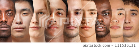 Collage made of cropped close-up portraits of different young men of various age and nationality, looking at camera. Equality 111536131