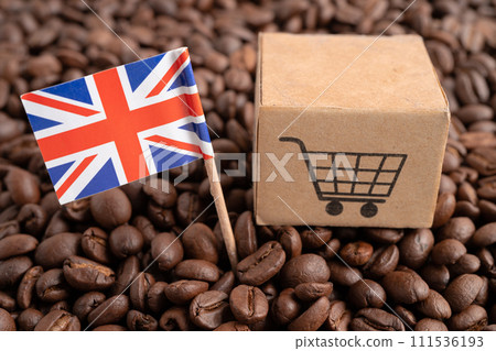 United Kingdom flag with shopping cart on coffee bean, import export trade online commerce. 111536193