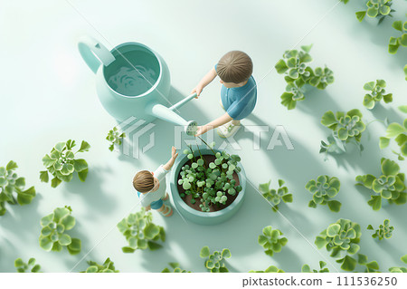 Mother and child watering sprouts-1 (3D) Mother and child watering sprouts-1 (3D) 111536250
